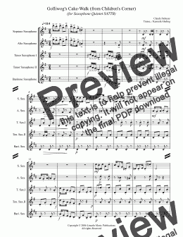 page one of Debussy - Golliwog's Cakewalk from Children's Corner (for Saxophone Quintet SATTB)