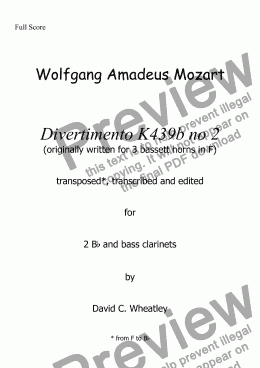 page one of Mozart - Divertimento K439b no 2 for clarinet trio (2x Bb + bass) transcribed by David Wheatley
