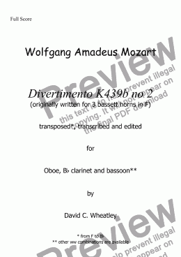 page one of Mozart - Divertimento K439b no 2 for oboe clarinet and bassoon transcribed by David Wheatley