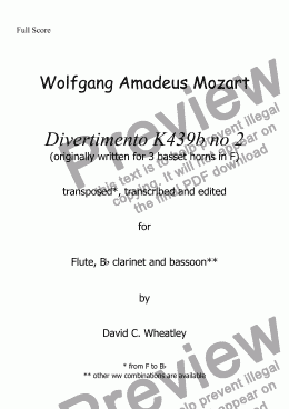 page one of Mozart - Divertimento K439b no 2 for flute clarinet and bassoon transcribed by David Wheatley
