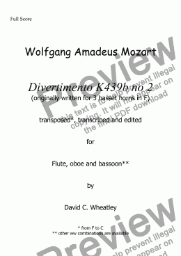 page one of Mozart - Divertimento K439b no 2 for flute oboe and bassoon transcribed by David Wheatley