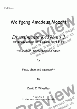page one of Mozart - Divertimento K439b no 2 for flute oboe and bassoon transcribed by David Wheatley