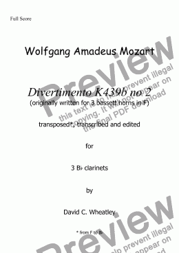 page one of Mozart - Divertimento K439b no 2 for clarinet trio (3xBb clarinets) transcribed by David Wheatley