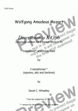 page one of Mozart - Divertimento K439b no 1 for saxophone trio (soprano alto and baritone) transcribed by David Wheatley