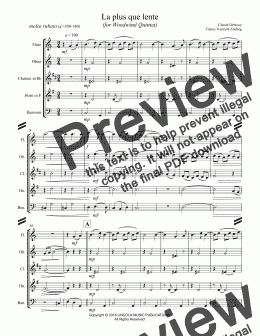 page one of Debussy - La plus que lente (for Woodwind Quintet)