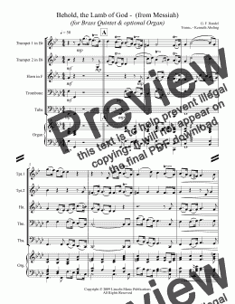 page one of Handel - Behold, the Lamb of God -  (from Messiah) (for Brass Quintet & optional Organ)