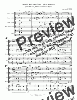 page one of Handel - Behold, the Lamb of God -  (from Messiah) (for Clarinet Quartet & optional Organ)