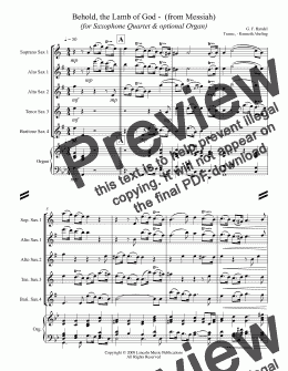 page one of Handel - Behold, the Lamb of God -  (from Messiah) (for Saxophone Quartet SATB or AATB & optional Organ)