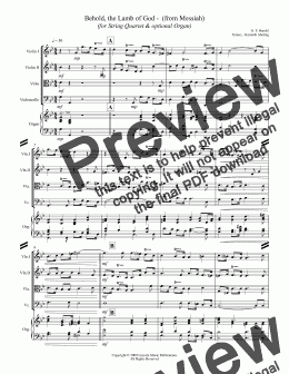 page one of Handel - Behold, the Lamb of God -  (from Messiah) (for String Quartet & optional Organ)