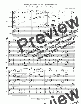 page one of Handel - Behold, the Lamb of God -  (from Messiah) (for Woodwind Quartet & optional Organ)