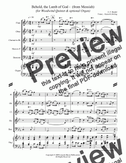 page one of Handel - Behold, the Lamb of God -  (from Messiah) (for Woodwind Quintet & optional Organ)