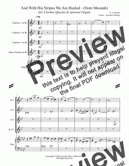 page one of Handel - And With His Stripes We Are Healed - (from Messiah) (for Clarinet Quartet & optional Organ)