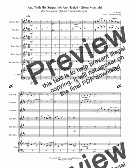 page one of Handel - And With His Stripes We Are Healed - (from Messiah) (for Saxophone Quintet SATTB or AATTB & optional Organ)