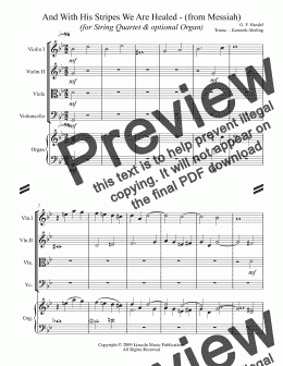 page one of Handel - And With His Stripes We Are Healed - (from Messiah) (for String Quartet & optional Organ)