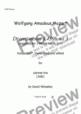 page one of Mozart - Divertimento K439b no 3 for 3xBb clarinets transcribed by David Wheatley