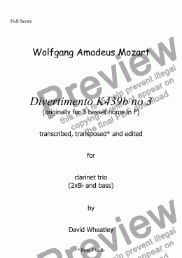 page one of Mozart - Divertimento K439b no 3 for clarinet trio (2xBb + bass) transcribed by David Wheatley