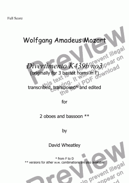 page one of Mozart - Divertimento K439b no 3 for 2 oboes and bassoon transcribed by David Wheatley