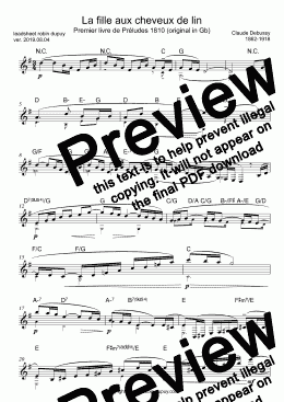 page one of Debussy - The Girl with the Flaxen Hair - La fille aux cheveux de lin - from Premier livre de Préludes - transposed in G - PDF - lead sheet Melody + chords