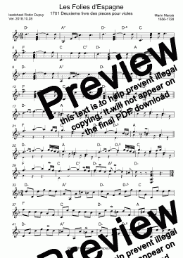 page one of Marin Marias - Les Folies d'Espagne  (Extraits) - La Folia - From Deuxieme livre des pieces pour violes - PDF - lead sheet Melody + chords