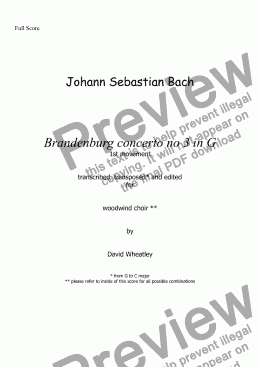 page one of Bach - Brandenburg concerto no 3 - 1st movement  transcribed for woodwind choir by David Wheatley