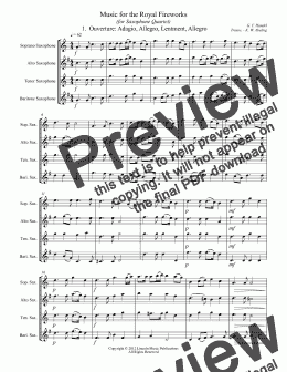 page one of Handel – Music for the Royal Fireworks (for Saxophone Quartet SATB)