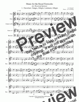 page one of Handel – Music for the Royal Fireworks (for Woodwind Quintet)