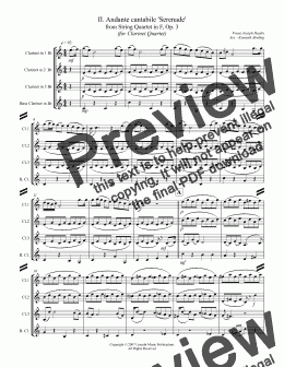 page one of Haydn - II. Andante cantabile 'Serenade' from String Quartet in F, Op. 3 (for Clarinet Quartet)