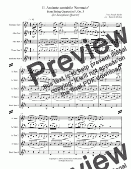 page one of Haydn - II. Andante cantabile 'Serenade' from String Quartet in F, Op. 3 (for Saxophone Quartet SATB or AATB)