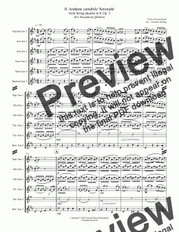 page one of Haydn - II. Andante cantabile 'Serenade' from String Quartet in F, Op. 3 (for Saxophone Quintet SATTB or AATTB)