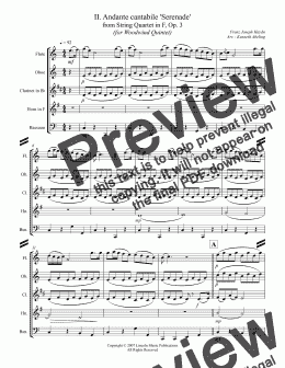 page one of Haydn - II. Andante cantabile 'Serenade' from String Quartet in F, Op. 3 (for Woodwind Quintet)