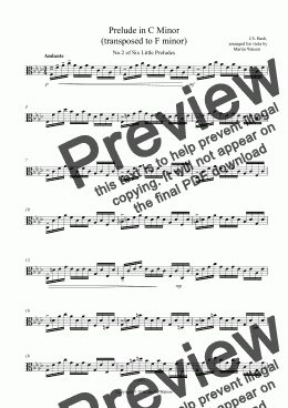 page one of Prelude in C Minor by J.S. Bach (transposed to F minor) transcribed for viola.