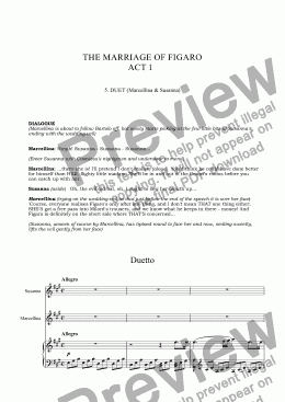 page one of THE MARRIAGE OF FIGARO. English Translation with dialogue. Act 1 Duet no.5, Susanna & Marcellina