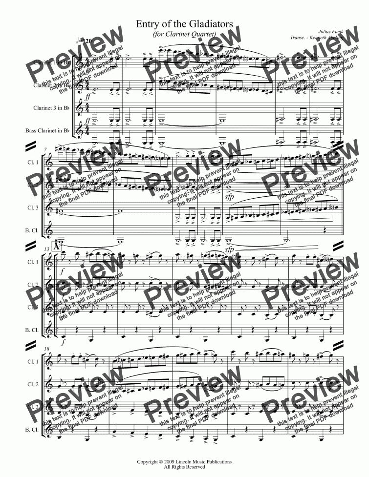 March - Entry Of The Gladiators (for Clarinet Quartet) - Sheet Music