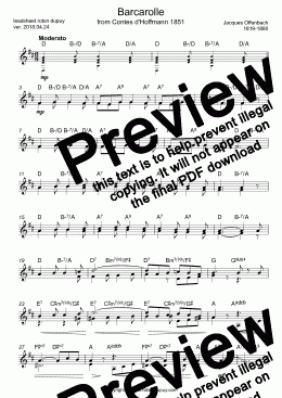 page one of Offenbach - Barcarolle - Contes Hoffmann -  The Tales of Hoffmann Belle nuit, ô nuit d'amour - 美しい夜、おお、恋の夜よ 『ホフマン物語』の二重唱 「ホフマンの舟歌（バルカローレ）- PDF - lead sheet Melody + chords