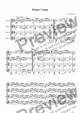 page one of SCHUMANN: Reaper's Song, arranged for Violins 4tet