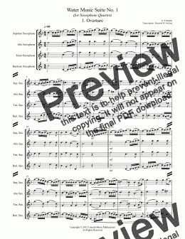 page one of Handel - Water Music Suite No. I Movements 1-9 (for Saxophone Quartet SATB)