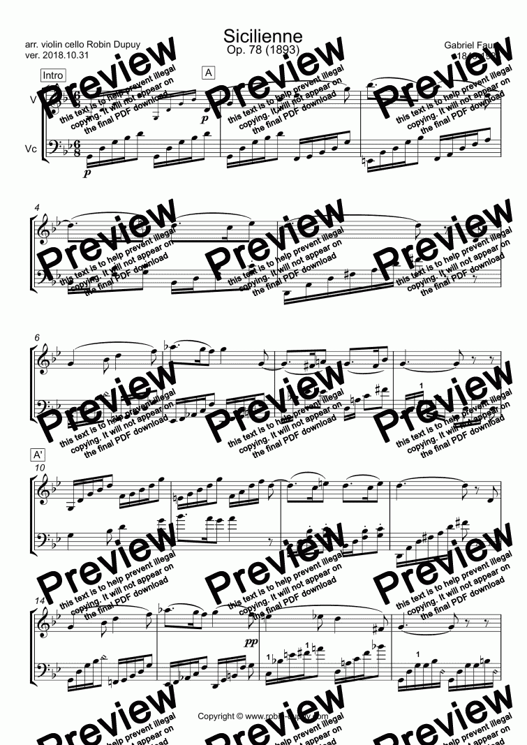 Faure Sicilienne Pdf Duo Duet 二重唱 Violin Cello Sheet Music Pdf