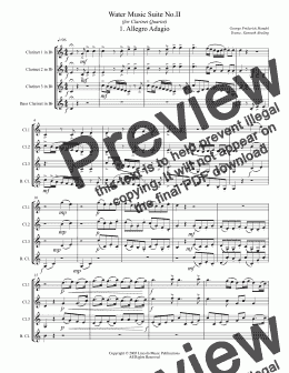 page one of Handel - Water Music Suite No. II Movements 1-5 (for Clarinet Quartet)