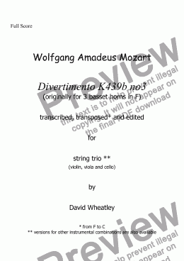 page one of Mozart - Divertimento K439b no 3 for string trio transcribed by David Wheatley