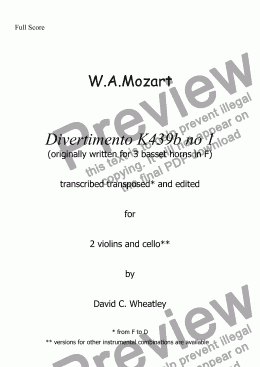 page one of Mozart - Divertimento K439b no 1 for 2 violins and cello transcribed by David Wheatley