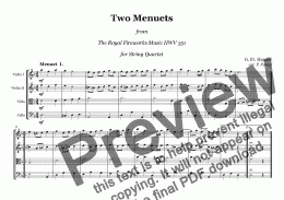 page one of Handel - Two Menuets from "The Royal Fireworks Music" HWV 351 -  string quartet