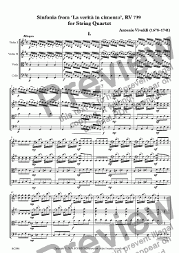 page one of Sinfonia from ‘La verità in cimento’, RV 739 for String Quartet