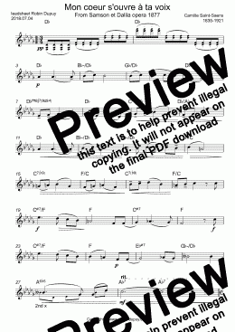 page one of Saint-Saens - Mon coeur s'ouvre à ta voix - Samson et Dalila -  Samson and Delilah - Моё сердце открывается звуком твоего голоса - PDF - lead sheet Melody + chords
