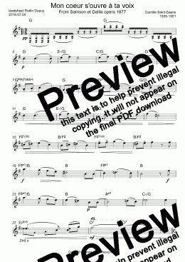 page one of Saint-Saens - Mon coeur s'ouvre à ta voix - Samson et Dalila - transposed in G - Samson and Delilah - Моё сердце открывается звуком твоего голоса - PDF - lead sheet Melody + chords
