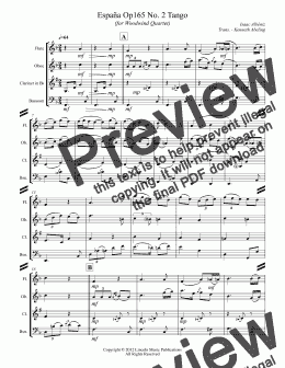 page one of Albeniz - Espana Op.165 No. 2 Tango  (for Woodwind Quartet)