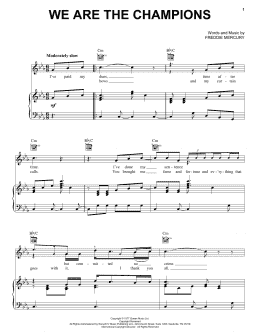 page one of We Are The Champions (Piano, Vocal & Guitar Chords (Right-Hand Melody))