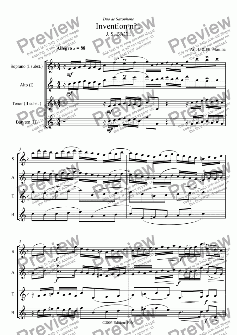 Bach 2 Voices Inventions N 1 2 3 Sax Duo Sheet Music Pdf File