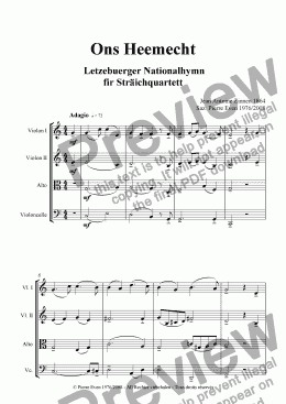 page one of Ons Heemecht - National Anthem of Luxembourg for String Quartet