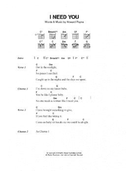 page one of I Need You (Guitar Chords/Lyrics)