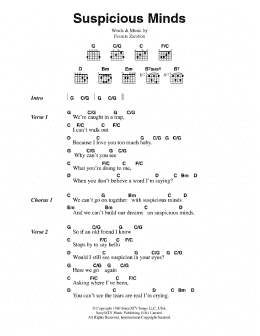 page one of Suspicious Minds (Guitar Chords/Lyrics)